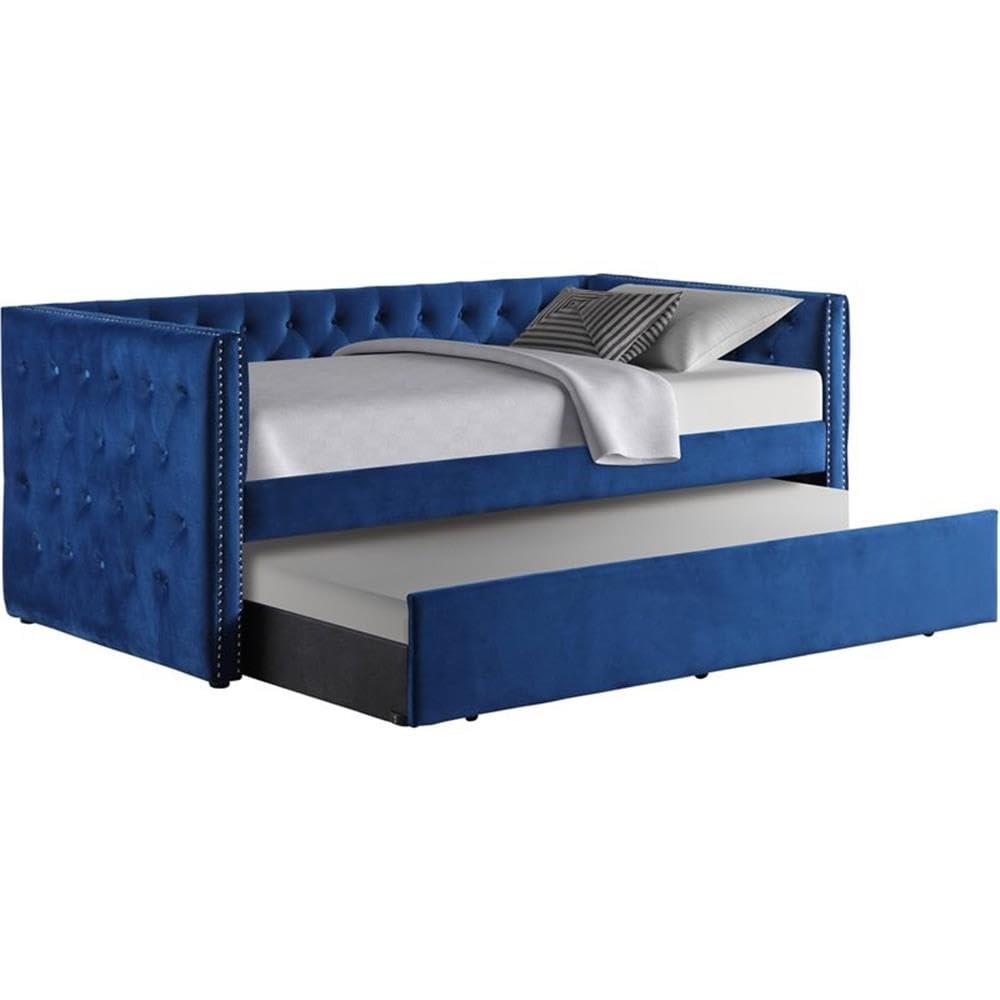 Best Master Furniture Nikora 86&quot; Tufted Fabric Daybed with Trundle in Blue