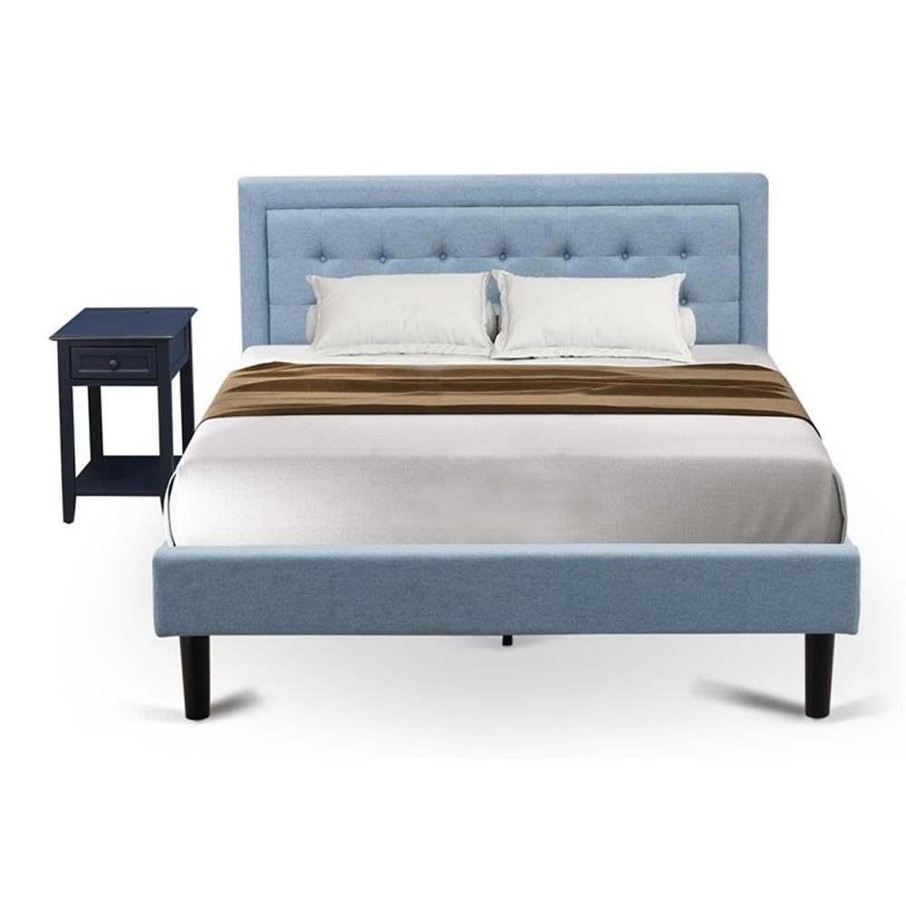 East West Furniture FN11Q-1DE15 2-Piece Fannin Queen Bedroom Set with 1 Wood Queen Bed Frame and an End Table for bedroom - Denim Blue Linen Fabric