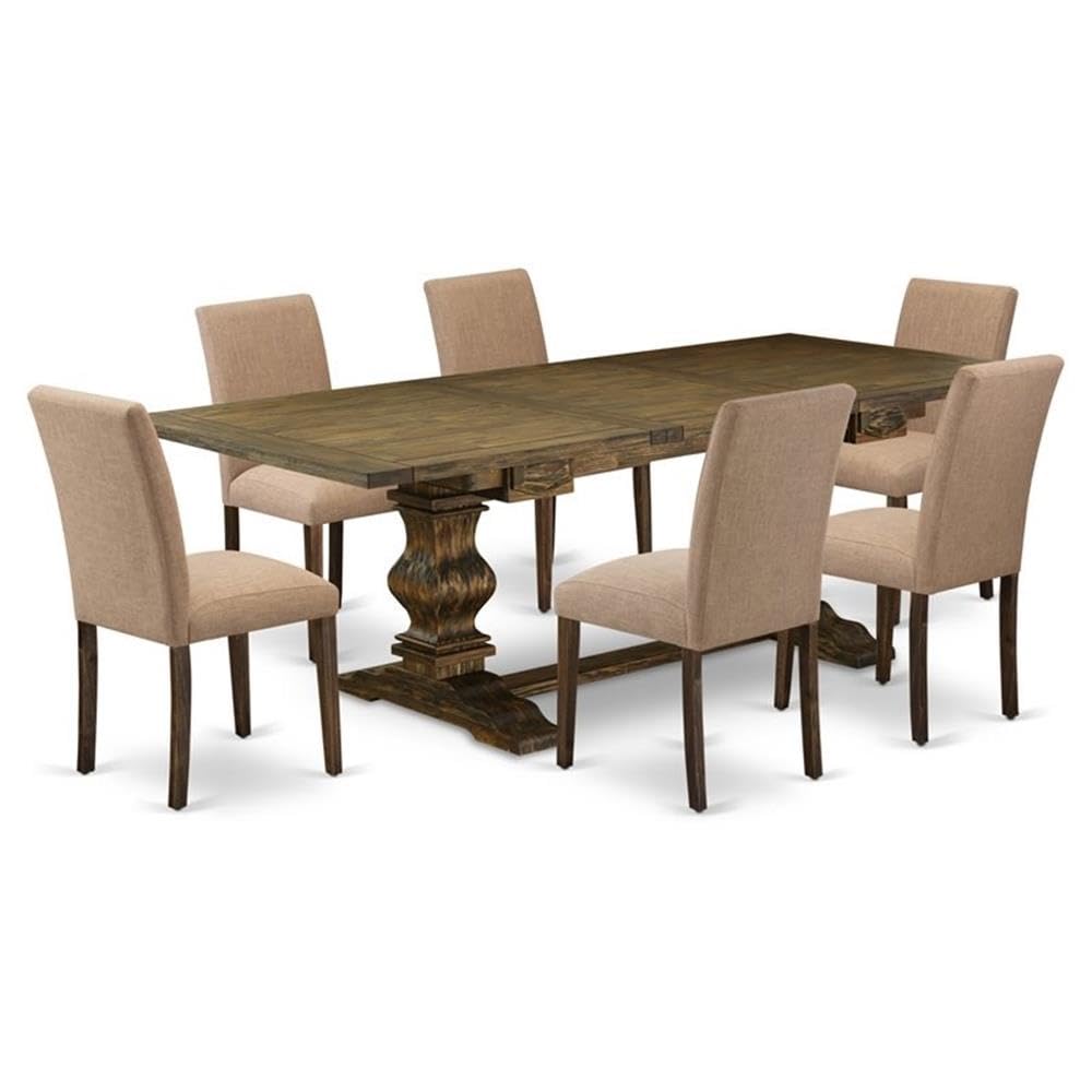 East West Furniture Laab7-77-47 7 Piece Kitchen Table Set Consist Of A Rectangle Dining Table With Removable Leaf And 6 Light Sable Linen Fabric Parsons Chairs, 42X92 Inch, Jacobean