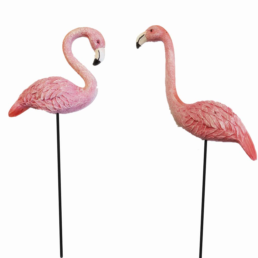 Muamax Miniature Flamingo Picks 2 Pack Fairy Garden Accessories Pink Miniature Garden Flamingo Figurines Decorative Plant Stakes