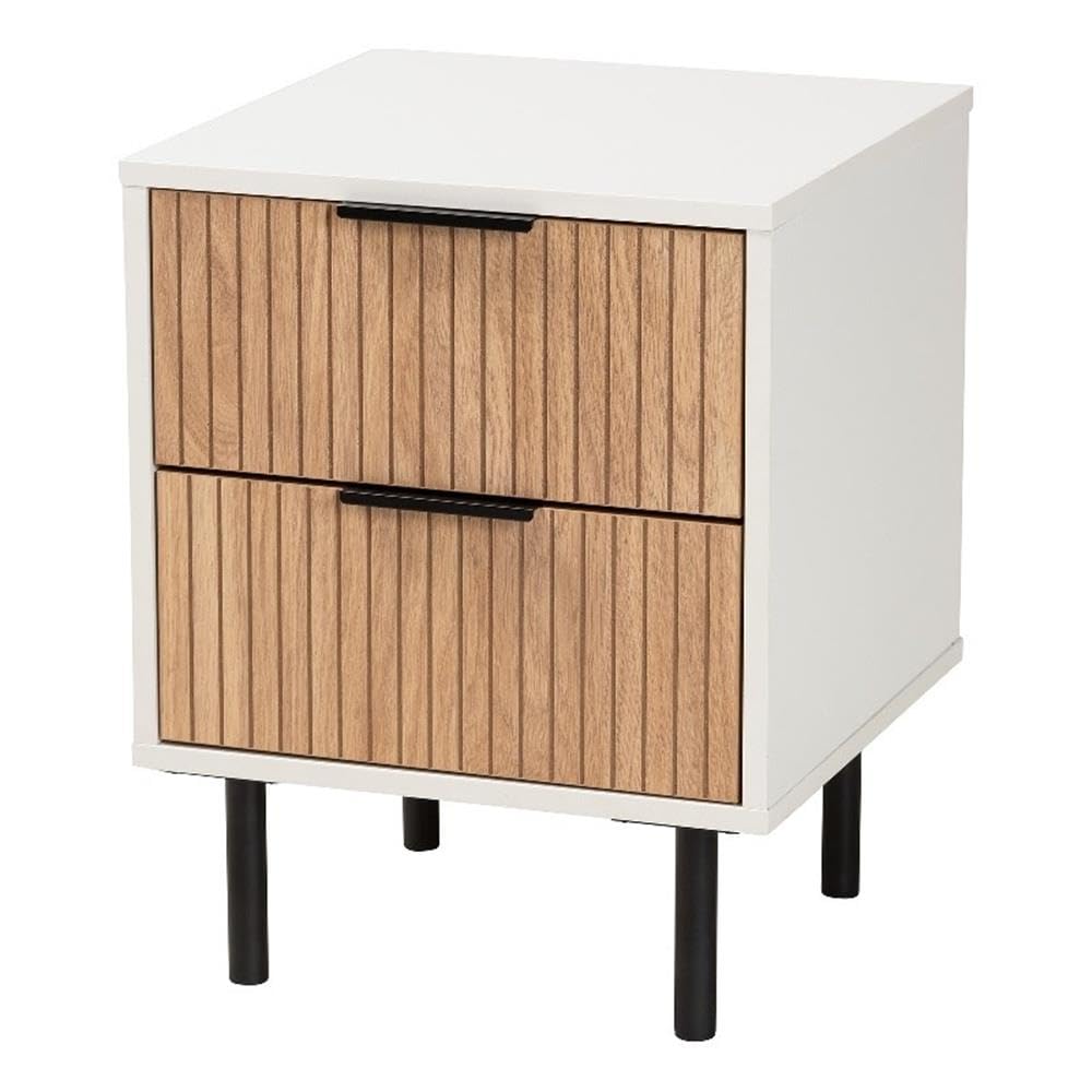 Baxton Studio Karima Mid-Century Modern Two-Tone White and Natural Brown Finished Wood and Black Metal 2-Drawer End Table