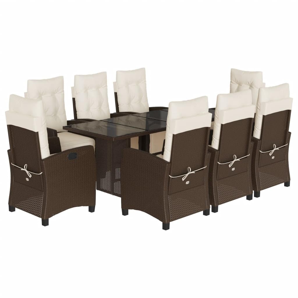 vidaXL 9-Piece Patio Dining Set - Poly Rattan Brown, Cushioned Garden Chairs, Adjustable Back/Footrest, Glass Top Table
