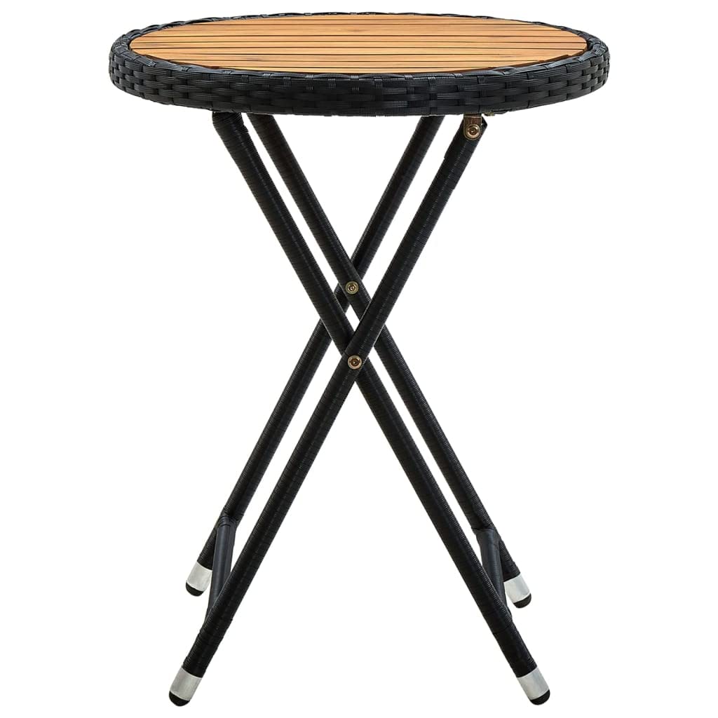 vidaXL - Black Poly Rattan Outdoor Tea Table with Solid Acacia Wood Top - 23.6" Diameter, UV-Resistant, Foldable, Assembly Required.