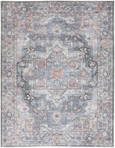 HomeRoots 522461 8 x 10 ft. Blue Floral Power Loom Distressed Washable Rectangle Traditional Area Rug