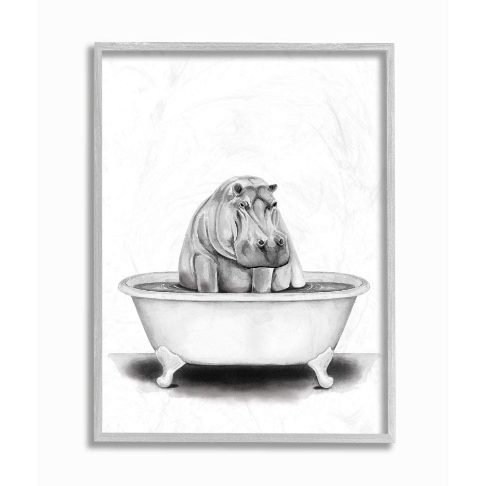 Stupell Industries Hippo In A Tub Funny Animal Bathroom Drawing, Design by Rachel Neiman Wall Art, 16 x 20, Grey Framed
