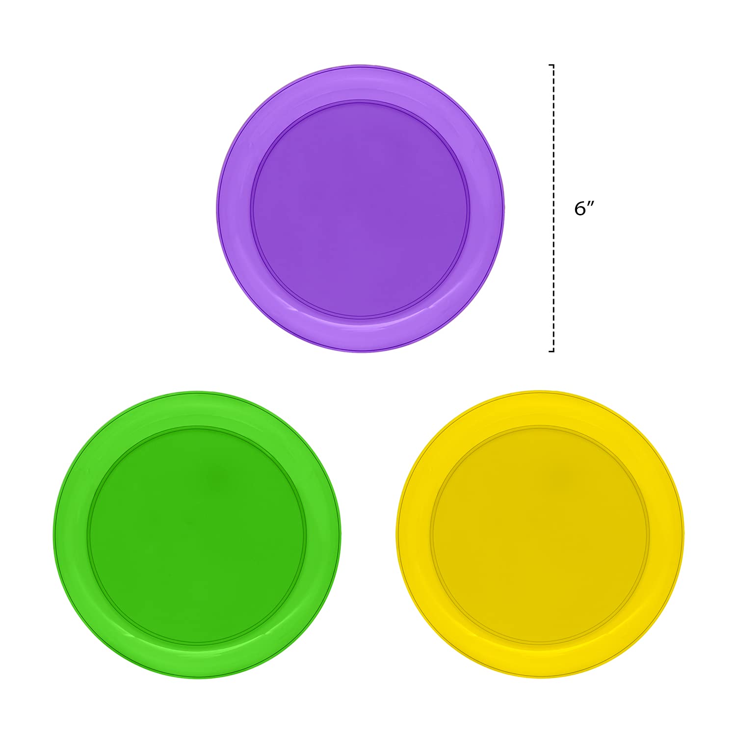 Party Essentials Hard Plastic 40 Count Round Party/Dessert Plates, 6-Inch, Mardi Gras Mix, Green/ Purple/ Yellow