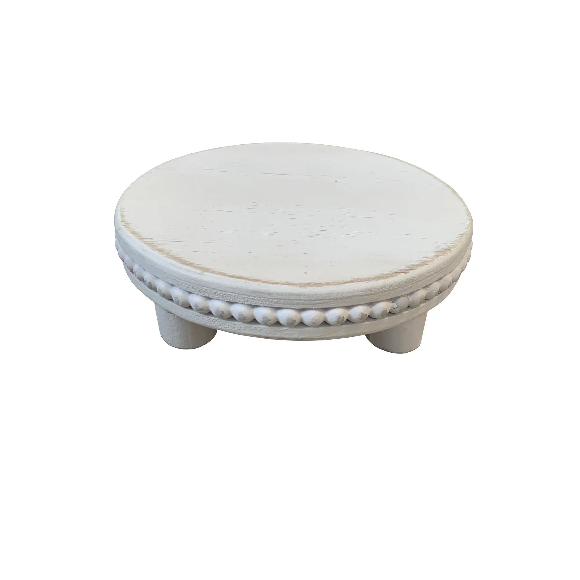 dwellington Farmhouse Beaded Wood Pedestal Tray Decor, 7.6    Round Vintage Display Stand, Decorative Accent Display Riser for F