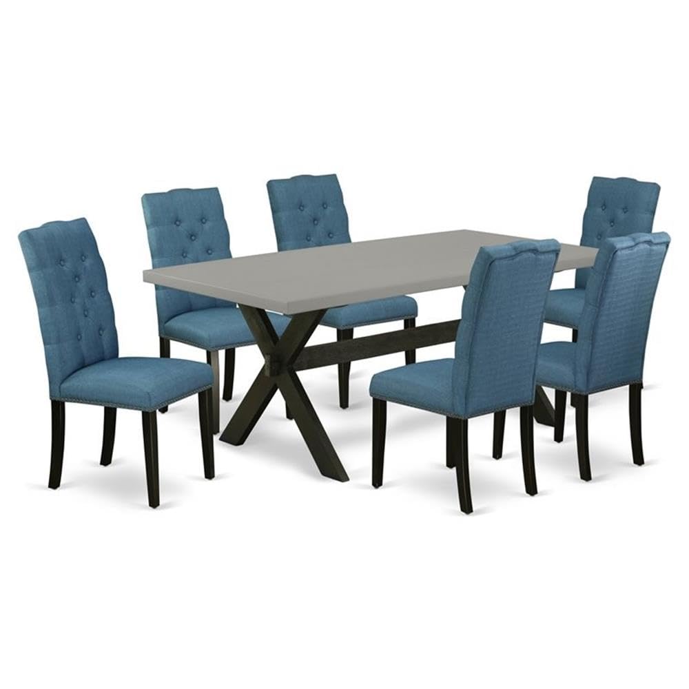East West Furniture X697El121-7 7 Piece Dining Table Set Consist Of A Rectangle Dining Room Table With X-Legs And 6 Blue Linen Fabric Upholstered Chairs, 40X72 Inch, Multi-Color