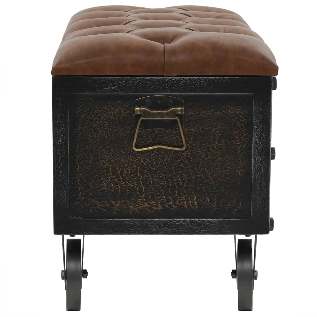 vidaXL Solid Fir Wood Storage Bench with Castors- Traveling Trunk Design - Retro Style - Brown, Faux Leather Upholstered Seat