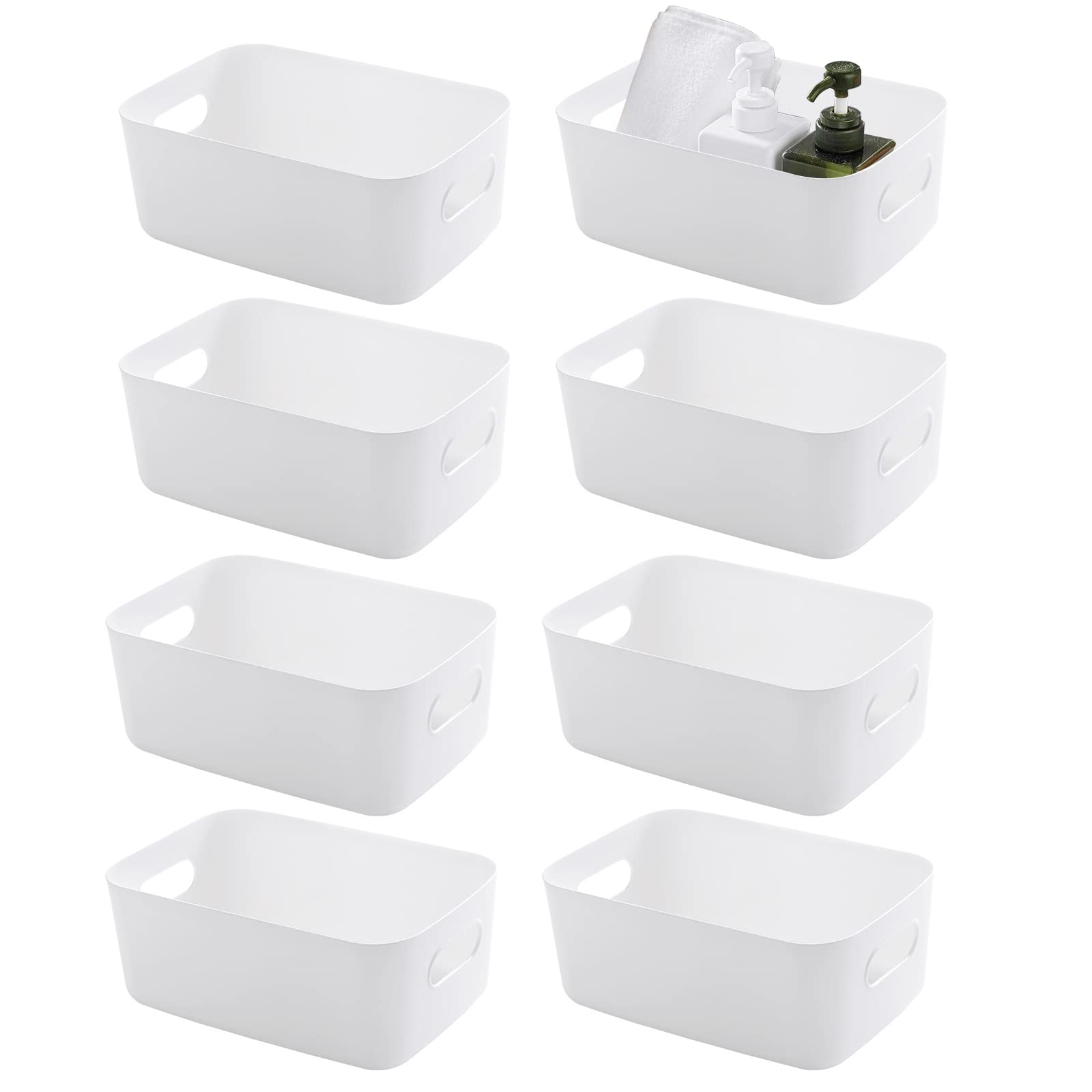 FEOOWV Small Plastic Storage Baskets, 8 Pack, White, Portable, Stackable, Multipurpose, BPA Free, Ideal for Pantry, Fridge, Clos