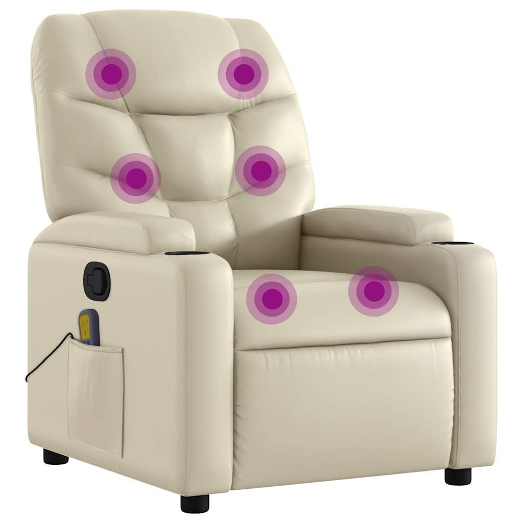 vidaXL Massage Recliner Chair - Cream Faux Leather, Manual Reclining, Vibration Massage Functions, Cup Holders, Solid Frame - Home, Office, Living Room, 3205644