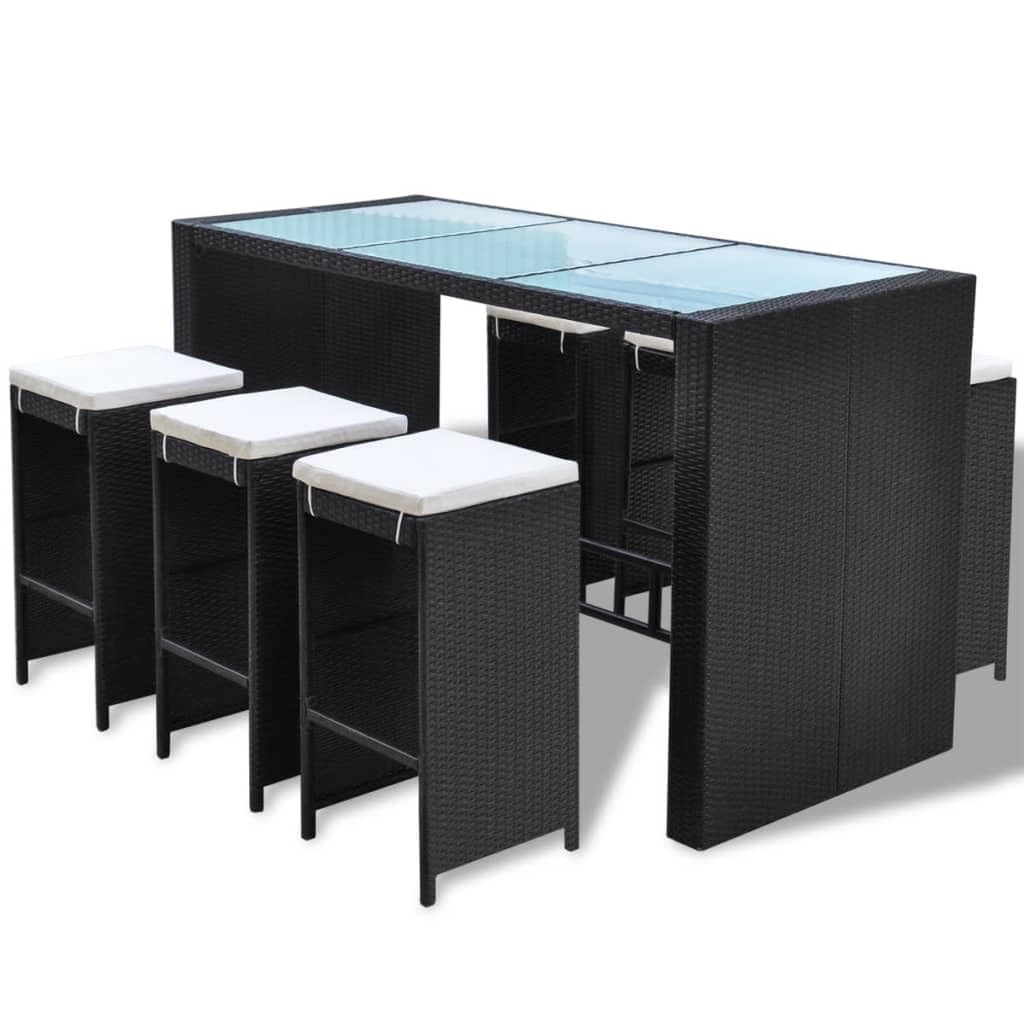 7 Piece Patio Bar Set With Cushions Poly Rattan Black