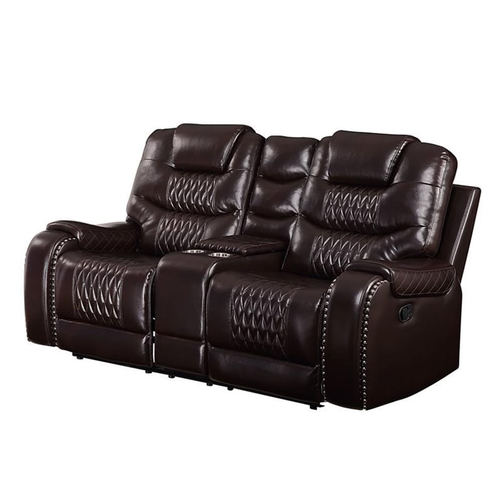 Acme Braylon Faux Leather Tufted Reclining Loveseat with Console in Brown