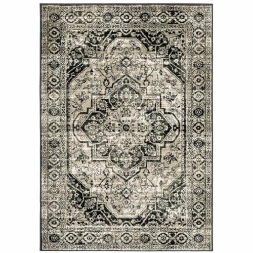 HomeRoots 508976 6 x 9 ft. Black Gray Tan & Ivory Oriental Power Loom Stain Resistant Rectangle Area Rug
