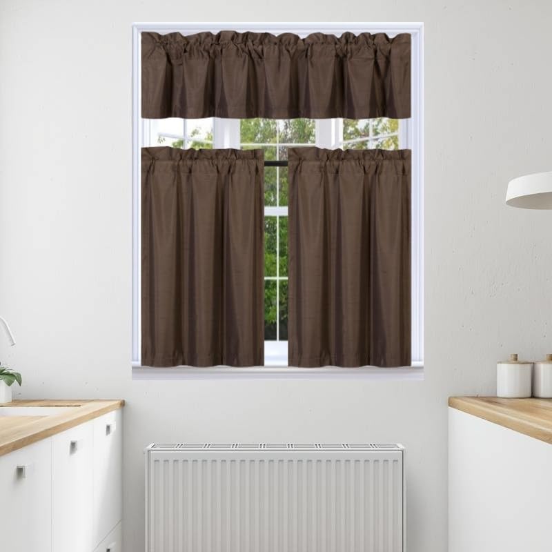 3Pc Set Solid Faux Silk Lined Blackout Rod Pocket Small Kitchen Window Curtain With Valance (K3) (Brown Coffee)