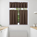 3Pc Set Solid Faux Silk Lined Blackout Rod Pocket Small Kitchen Window Curtain With Valance (K3) (Brown Coffee)