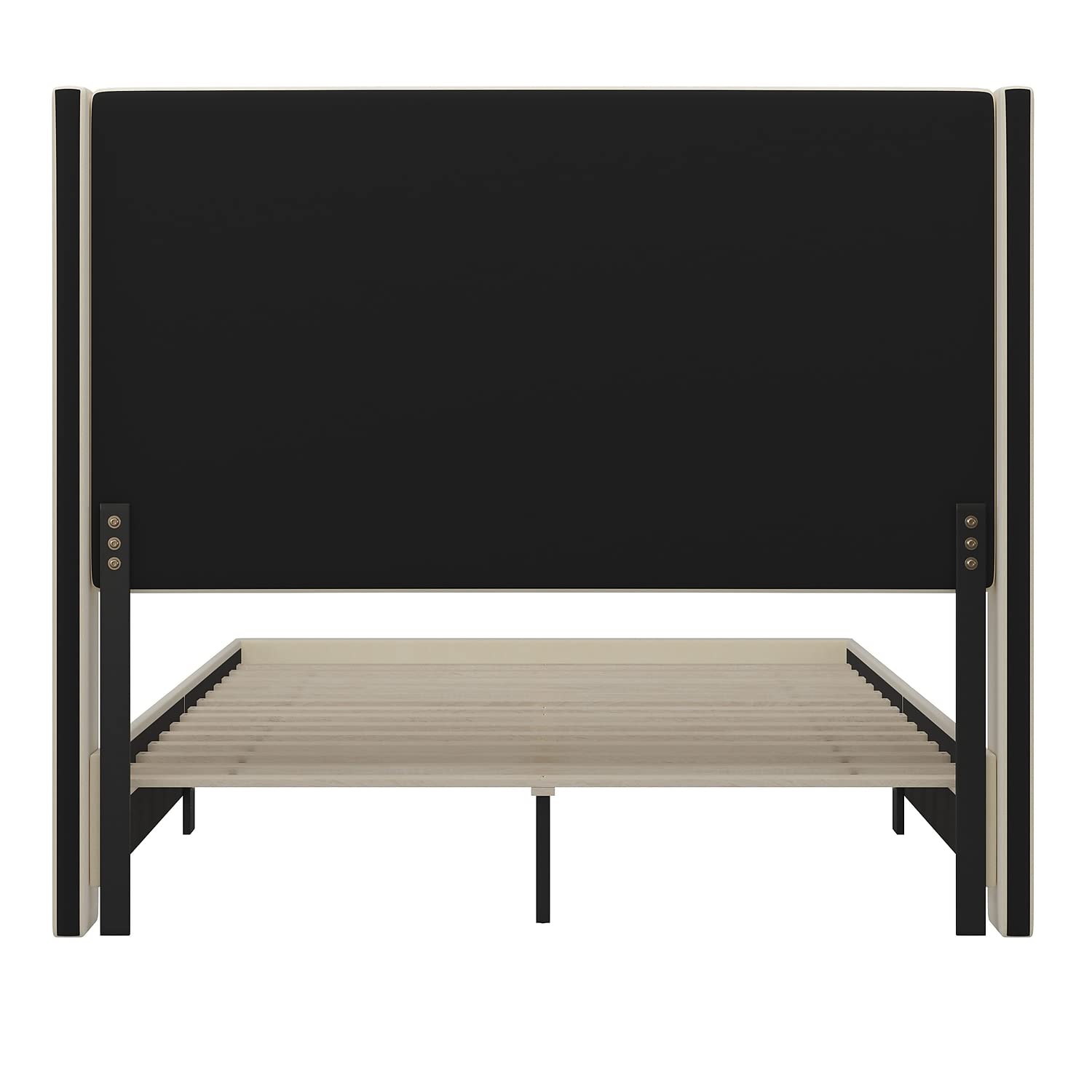 Flash Furniture Quinn Upholstered Platform Bed - Beige Channel Stitched Wingback Headboard - Queen - Mattress Foundation with Slatted Supports - No Box Spring Needed