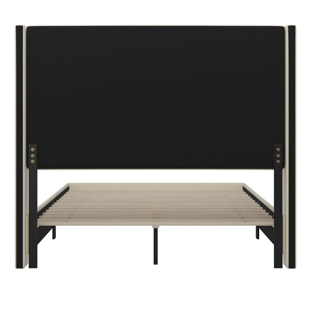 Flash Furniture Quinn Upholstered Platform Bed - Beige Channel Stitched Wingback Headboard - Queen - Mattress Foundation with Slatted Supports - No Box Spring Needed