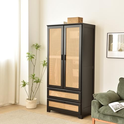 Better Home Products Stylish Pine Wood Closet With Rattan Doors And Two Drawers For Easy Access In Black (Black)