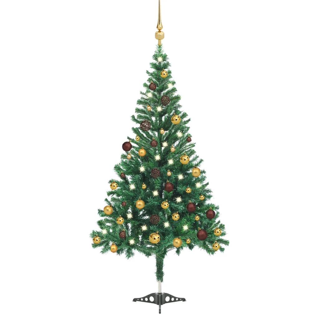 vidaXL Artificial Christmas Tree - Dense & Elegant Green Tree with LEDs & Gold, Matt Gold, and Bronze Ball Set - Indoor Use - Easy Assembly - 70.9&quot; High, 564 Branches