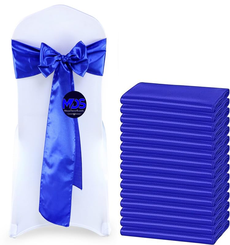 Mds Pack Of 100 Pcs Satin Chair Sashes Charmeuse Sateen Dining Chair Bows Ribbon Ties Back Sash For Wedding Party Birthday Home Hotel Restaurant Banquet Decoration (7 X 108 Inch, Royal Blue)