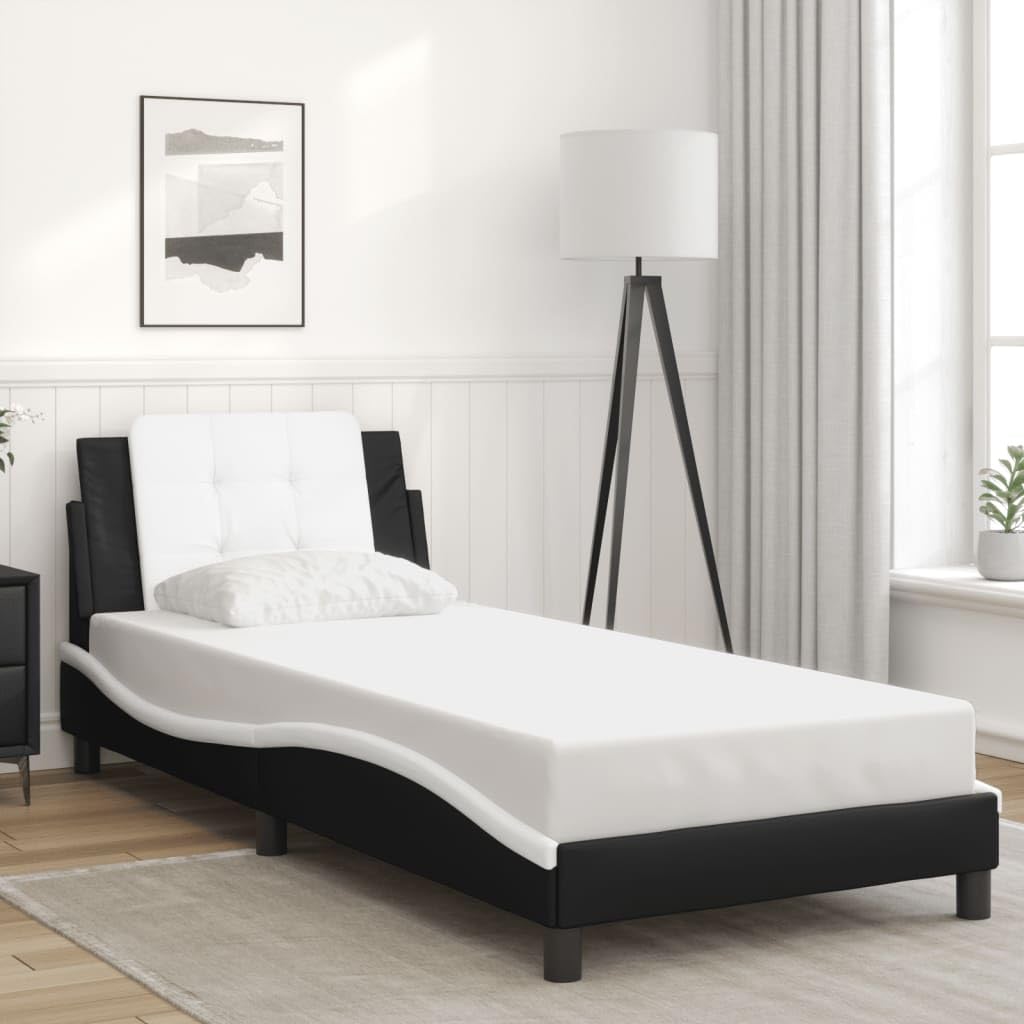 vidaXL Bed Frame w/LED Lights- Twin - Faux Leather - Black/White - Plywood Slats - Foam-Headboard - Stylish Waved Design