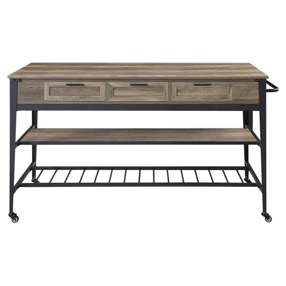 Acme Macaria Wooden Kitchen Island with 3 Drawers in Rustic Oak and Black