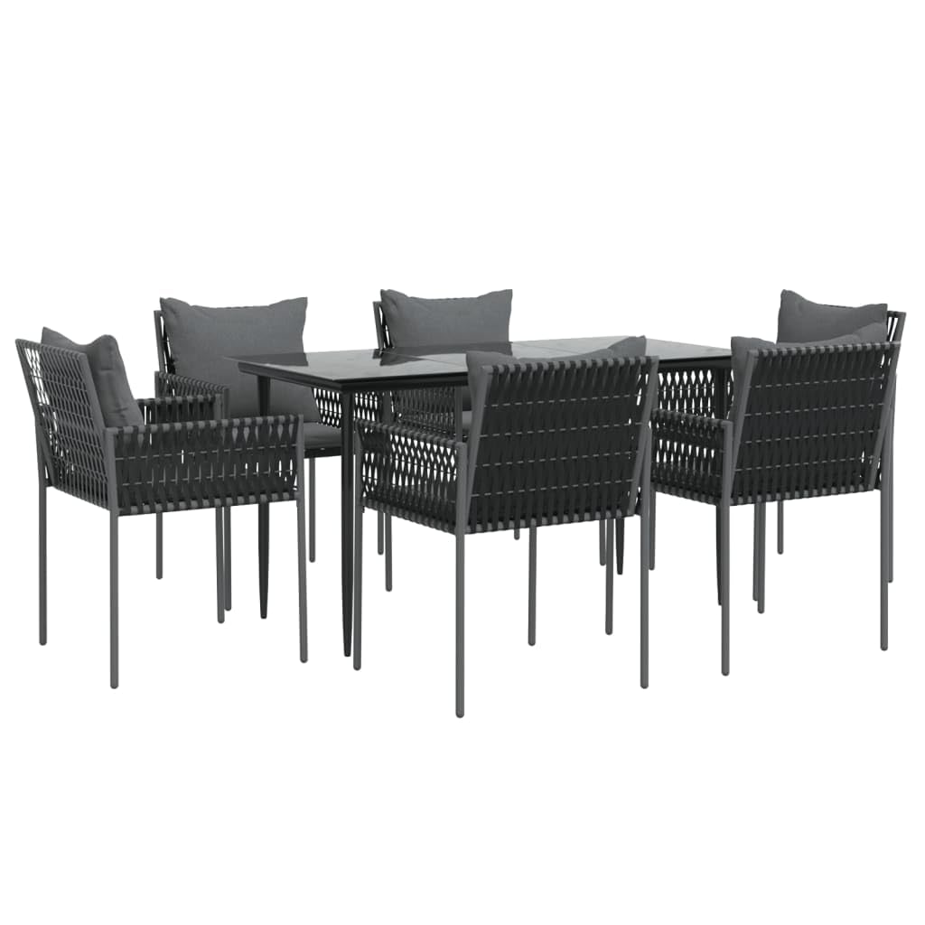 vidaXL 7-Piece Black Patio Dining Set with Cushions - Poly Rattan and Steel, Tempered Glass Tabletop, Comfortable Armrests and Backrests