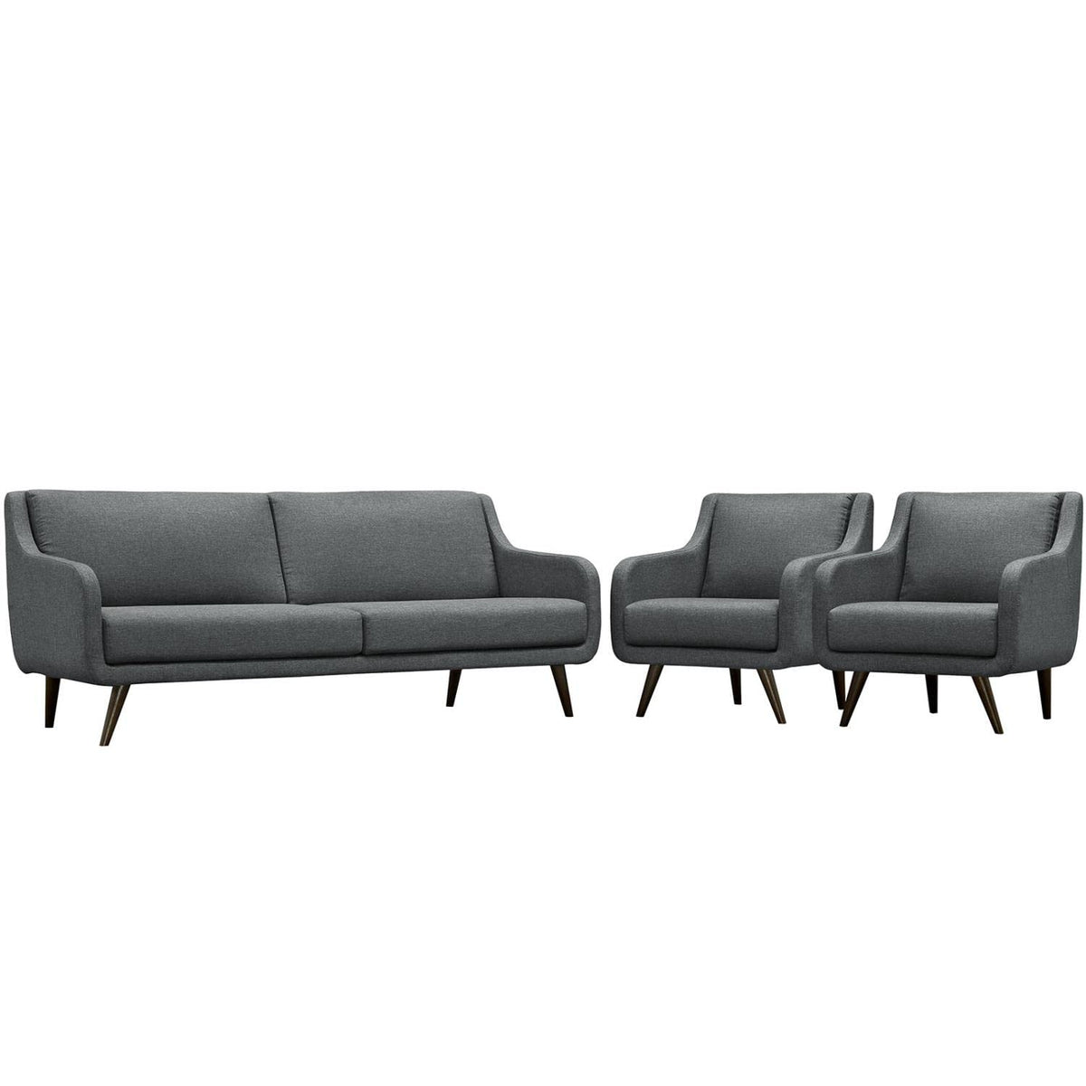 Modway Verve Fabric Upholstered Mid-Century Modern Sofa And Two Armchair Set In Gray