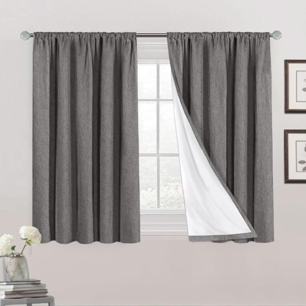 Princedeco Natural Linen Curtains 45 Inches For Small Window Rod Pocket Complete Blackout Drapes With White Liner,Thermal Insulated & Noise Reducing Panels(Set Of 2, Grey)