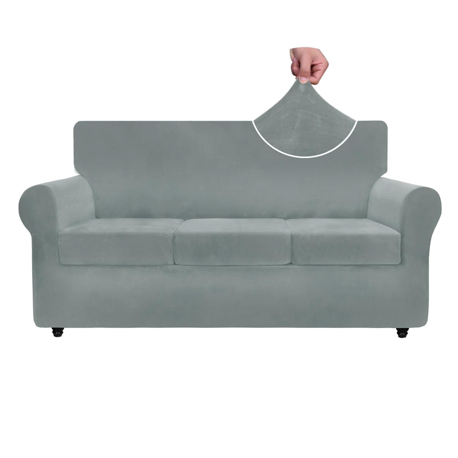 Znsayotx Luxury Velvet Couch Cover 4 Piece Stretch Sofa Covers For 3 Cushion Couch Thick Soft Spandex Sofa Slipcover Living Room Anti Slip Dogs Furniture Protector (Light Grey), 71'-91'(3 Cushions)