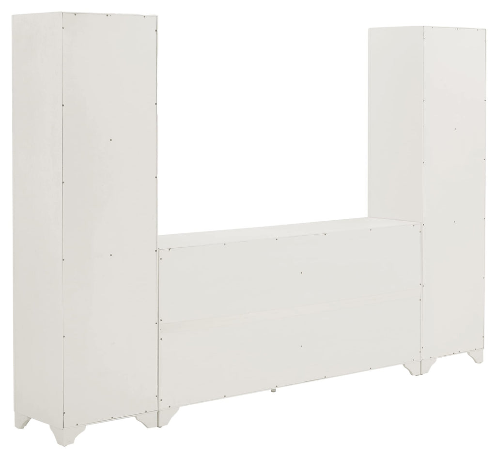 Crosley Furniture Tara 3-Piece Entertainment Center with TV Stand, Bookshelves, and Storage Shelves, Distressed White