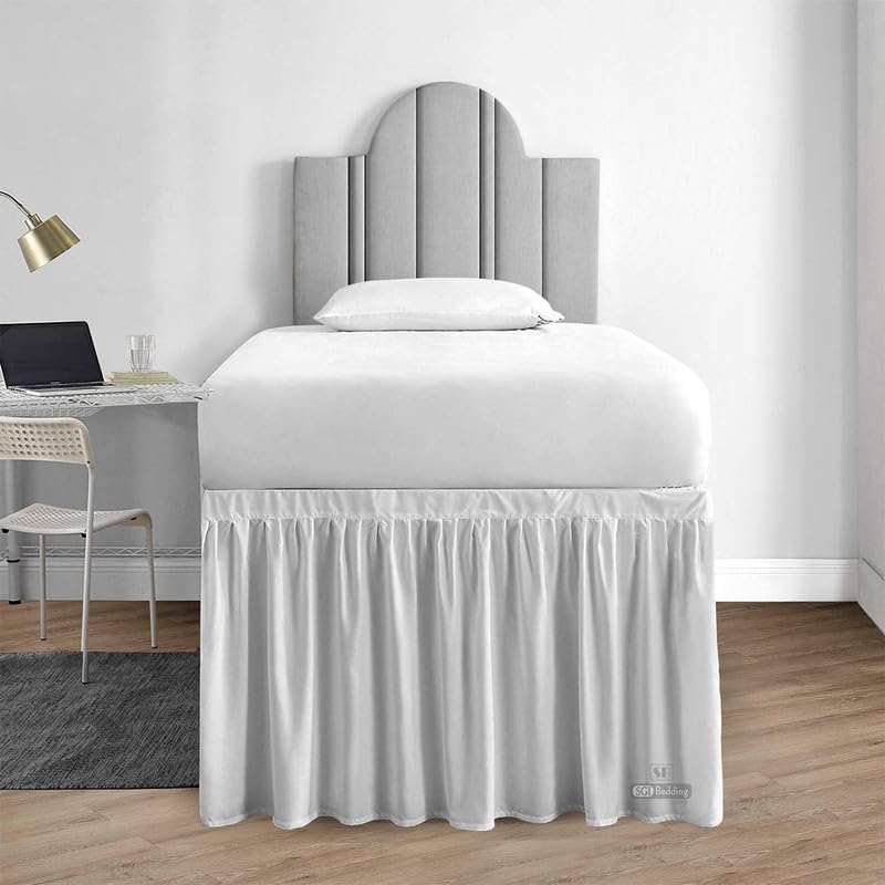 Sgi Bedding Dorm Bed Skirt Twin Xl 56 Inch Drop Length - Light Grey, Ruffled Pattern College Dorm Room Bed Skirts - Split Corner
