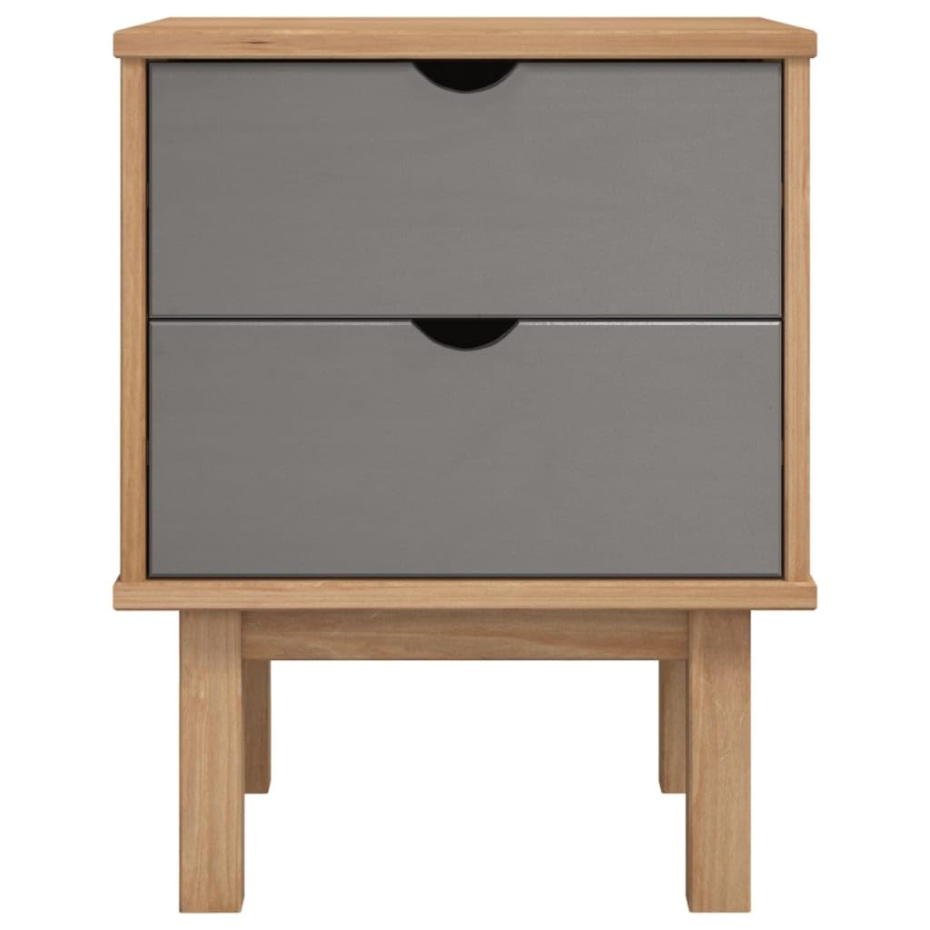 vidaXL Solid Wood Pine Bedside Cabinet - OTTA Range Brown & Gray Color with Two Drawers, Easy to Assemble Ideal for Bedroom or Living Room.
