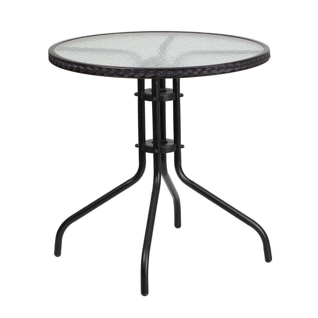 Flash Furniture Barker 28'' Round Tempered Glass Metal Table With Black Rattan Edging