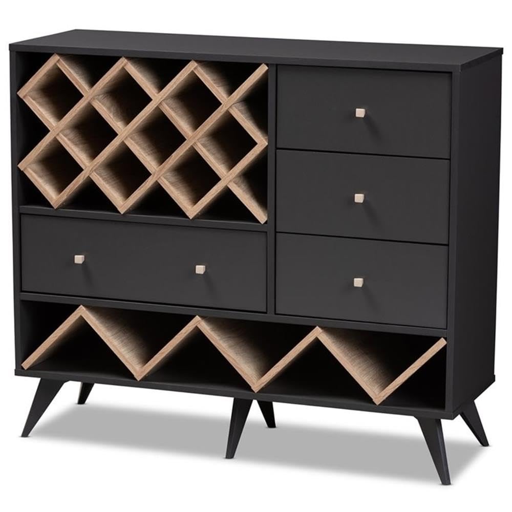 Baxton Studio Savino Mid-Century Modern Dark Grey and Oak Finished Wood Wine Cabinet