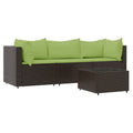 vidaXL Poly Rattan 4-Piece Patio Lounge Set in Brown with Green Cushions - Weather-Resistant, Powder-Coated Steel Frame, Comfortable Backrest and Cushions, Tempered Glass Tabletop
