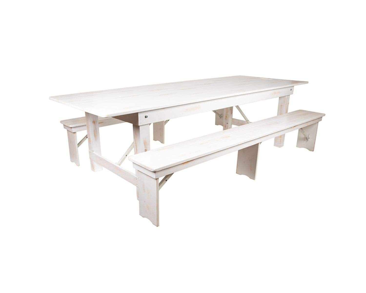 Flash Furniture Hercules Series 9' X 40&quot; Antique Rustic White Folding Farm Table And Two Bench Set