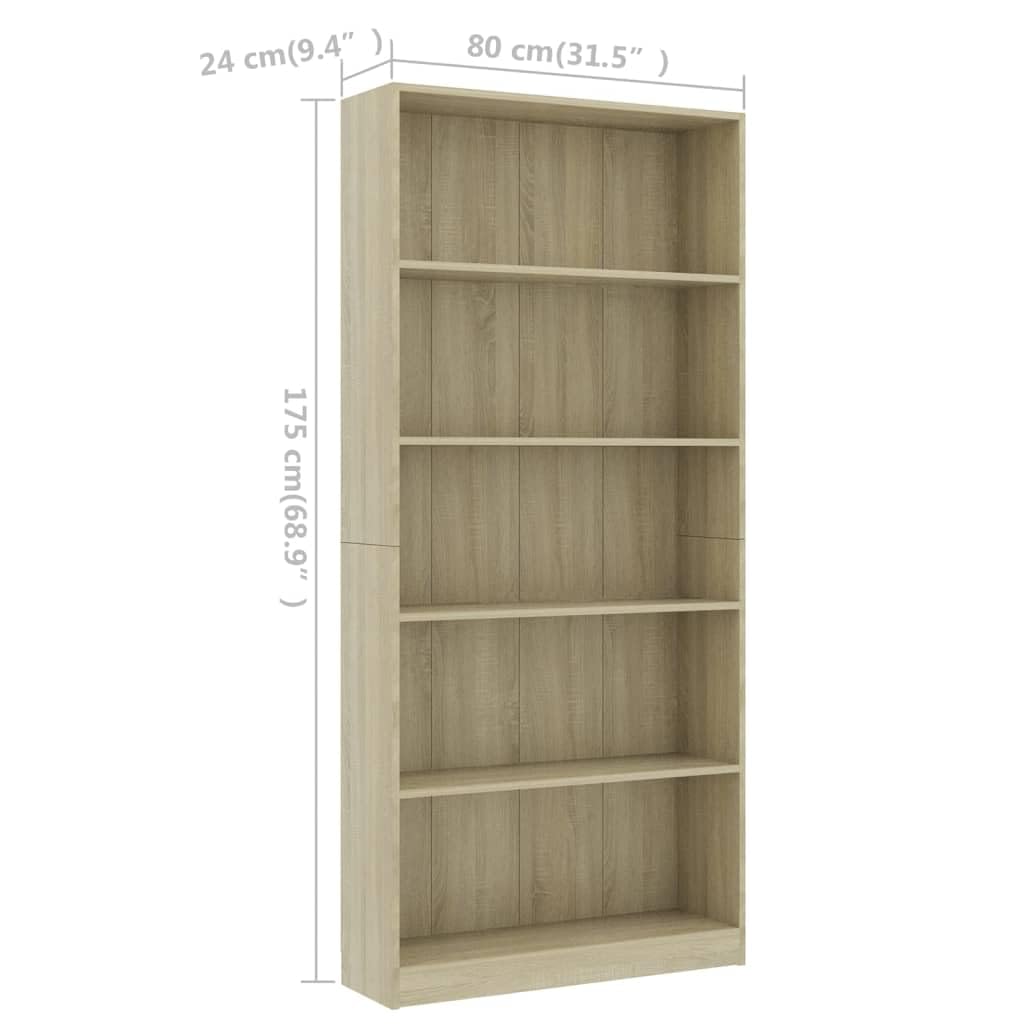 vidaXL 5-Tier Book Cabinet Sonoma Oak 31.5&quot;x9.4&quot;x68.9&quot; Chipboard