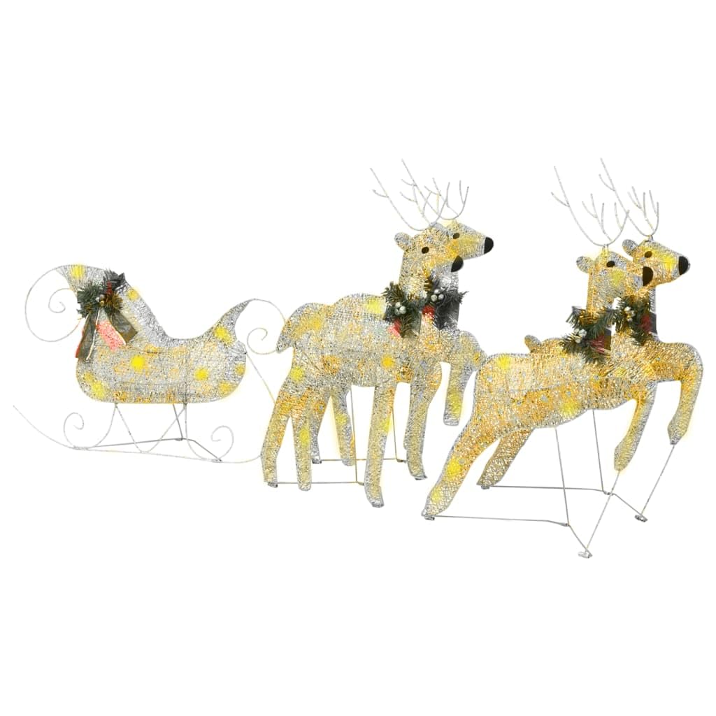 vidaXL Gold Reindeer and Sleigh Christmas Decoration - 100 LEDs, Indoor/Outdoor - All-Weather Mesh, Metal Frame - Multiple Lighting Effects