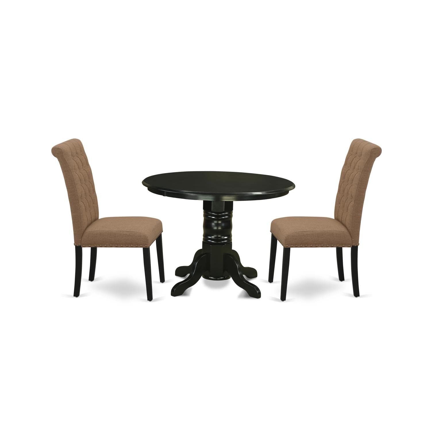 East West Furniture Shbr3-Blk-17 3 Piece Dining Table Set Contains A Round Dining Room Table With Pedestal And 2 Light Sable Linen Fabric Upholstered Chairs, 42X42 Inch, Black