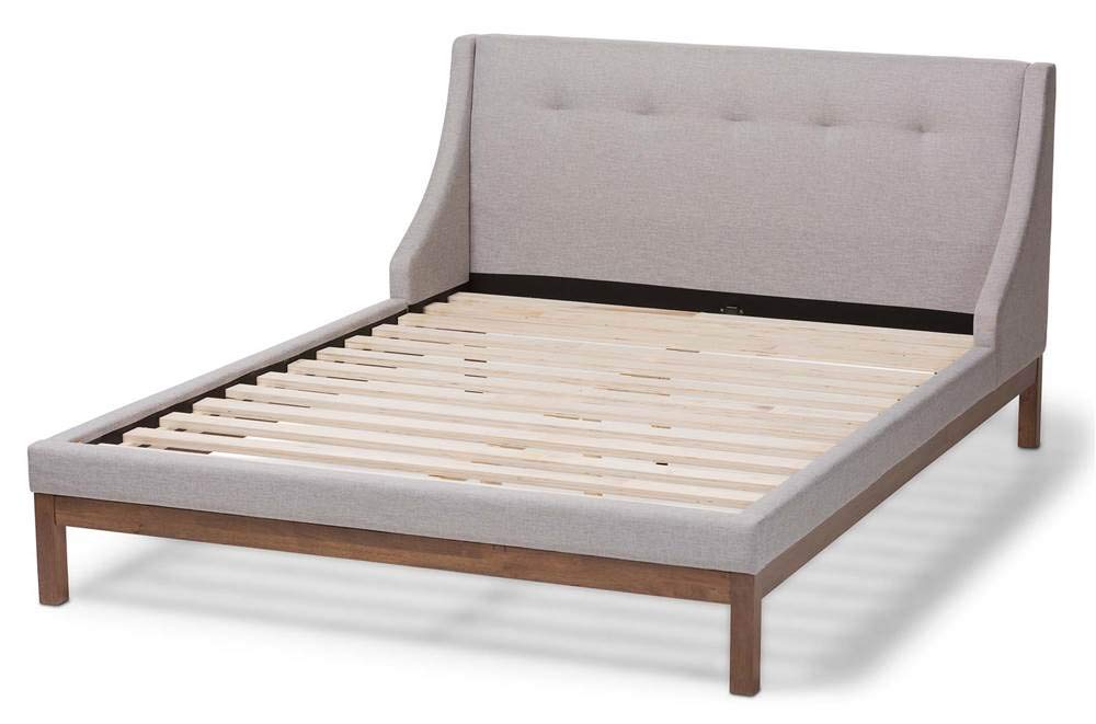 Baxton Studio Louvain Modern and Contemporary Greyish Beige Fabric Upholstered Walnut-Finished Queen Sized Platform Bed