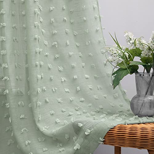 Koufall Sage Green Sheer Drapes Curtains 102 Inches Long For Living Room With Pom Pom Designer Patterned Curtains For Bedroom Window Set Of 2 Pieces,52X102 Inch Length