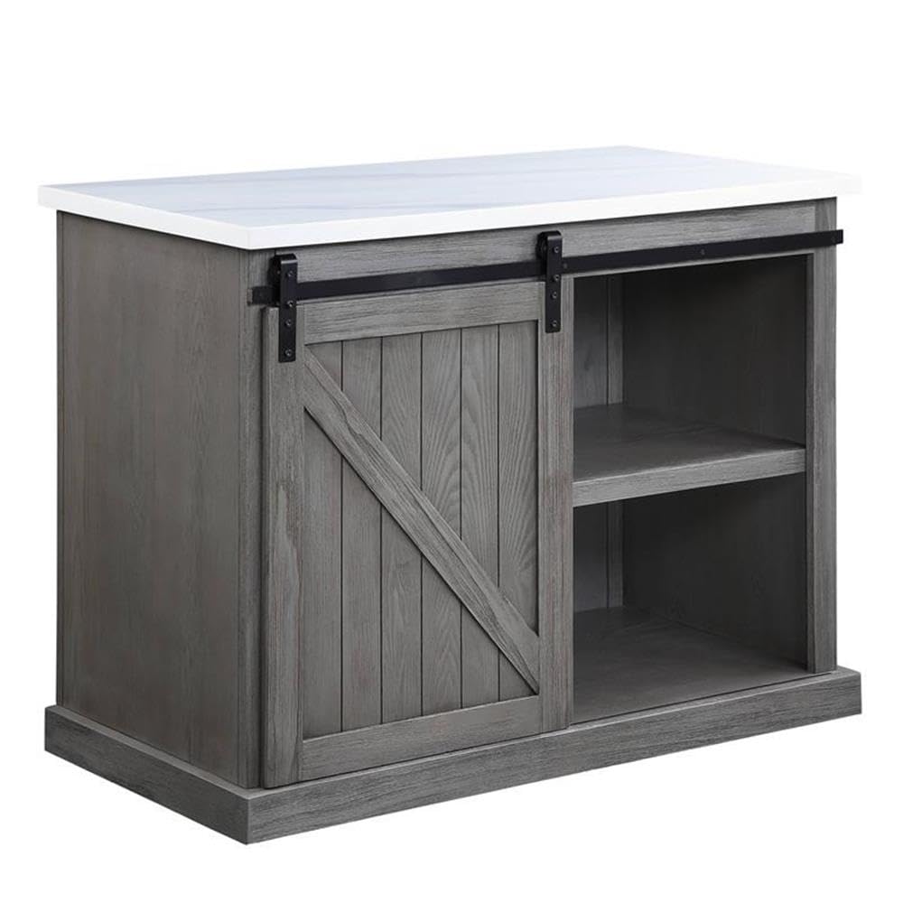 Acme Gauri Wooden Kitchen Island with Marble Top in Gray Oak