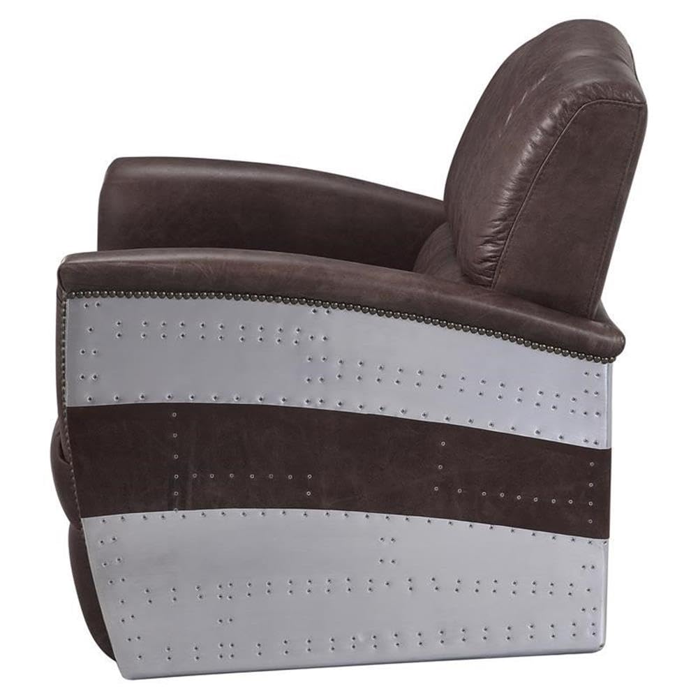 Acme Brancaster Top Grain Leather Accent Chair in Retro Brown and Aluminum