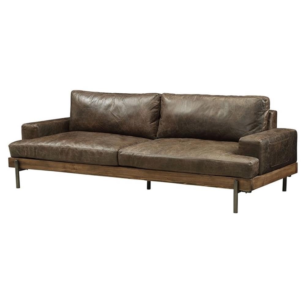 Acme Silchester Leather Sofa in Oak and Distress Chocolate