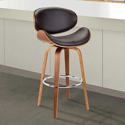 Armen Living Solvang 26 Mid-Century Swivel Counter Height Barstool in Brown Faux Leather with Walnut Wood