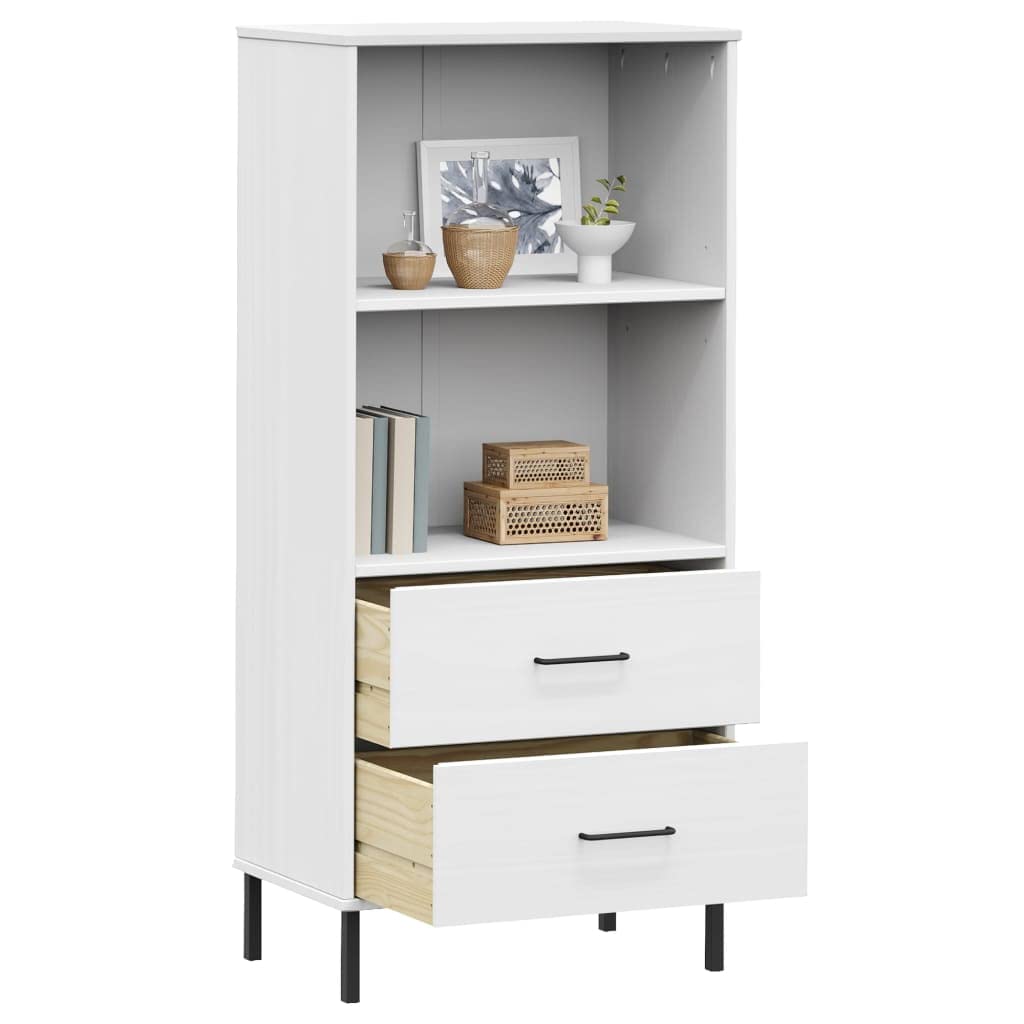 vidaXL Oslo Solid Wood Bookcase with 2 Drawers and Compartments - Rustic Charm Metal Hardware, White