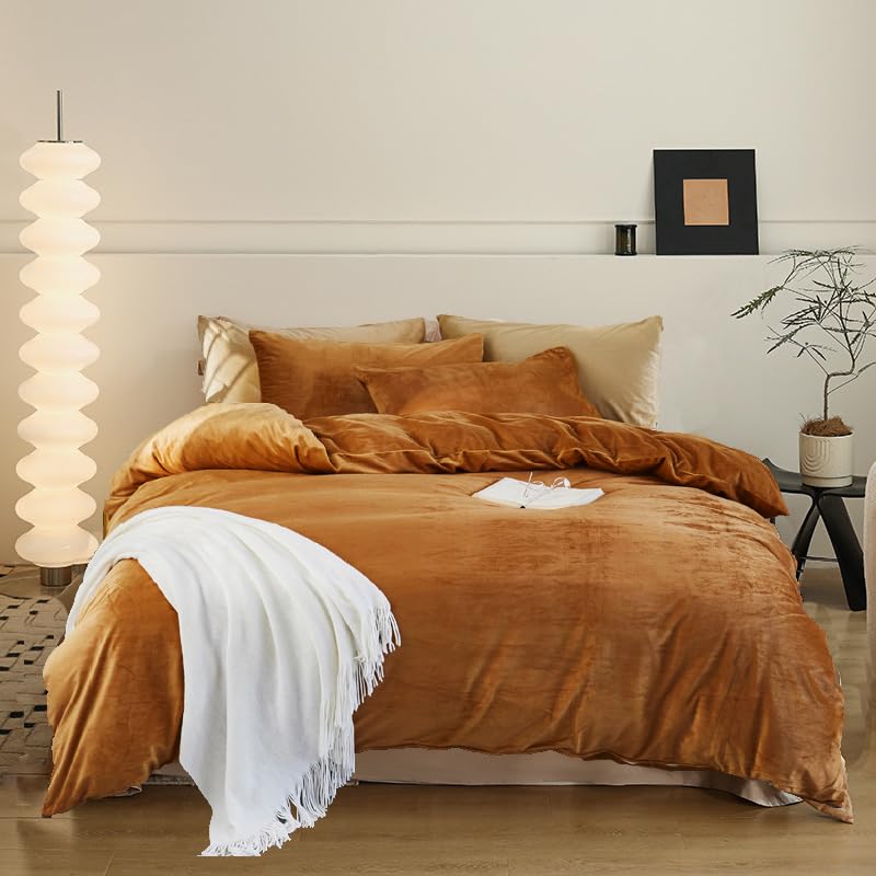 Luxlovery Pumpkin Velvet Comforter Set Full Rust Flannel Bedding Comforter Set Full Size Terracotta Warm Thick Winter Blanket Qu