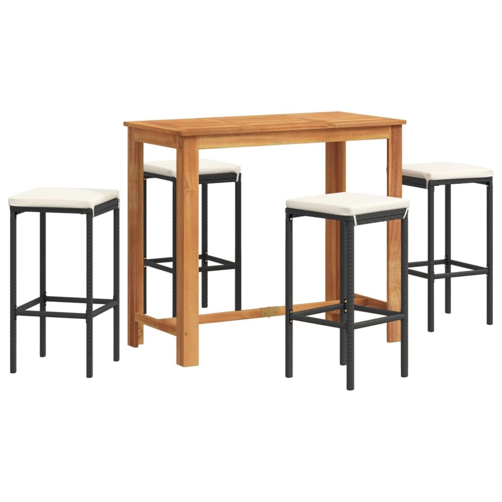 vidaXL 5-Piece Patio Bar Set - Black Poly Rattan & Solid Acacia Wood Table - Outdoor Bar Furniture with Washable Cushions